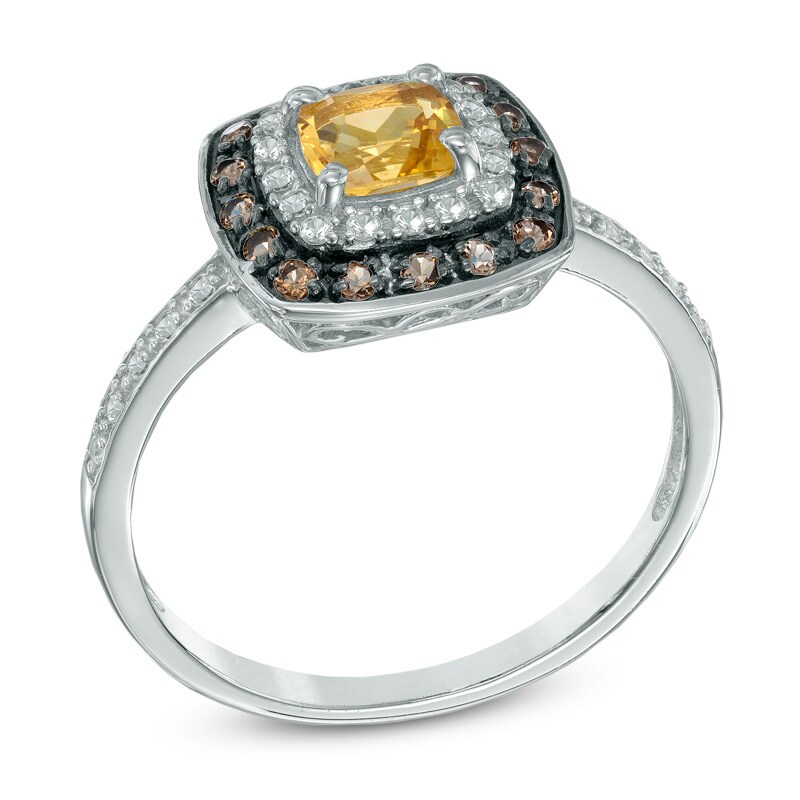 Main Image 2 of 5.0mm Cushion-Cut Citrine, Smoky Quartz and Lab-Created White Sapphire Frame Ring in Sterling Silver