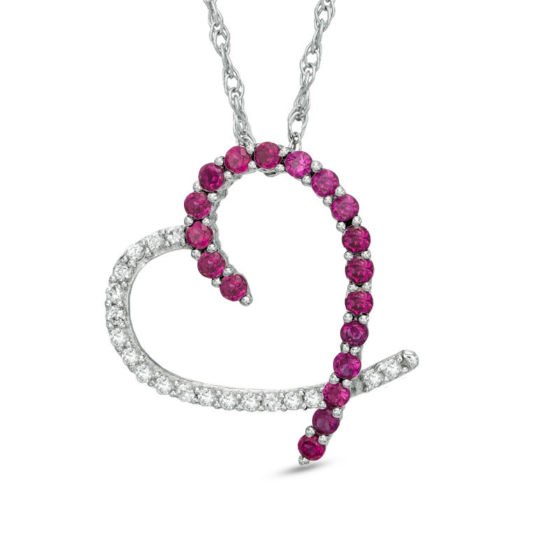 Main Image 1 of Lab-Created Ruby and White Sapphire Heart Pendant in Sterling Silver