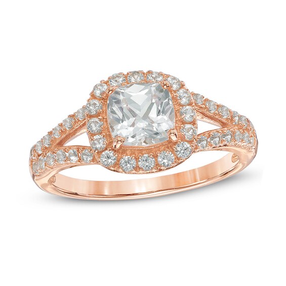 6.0mm Cushion-Cut Lab-Created White Sapphire Frame Ring in Sterling Silver with 14K Rose Gold Plate - Size 7