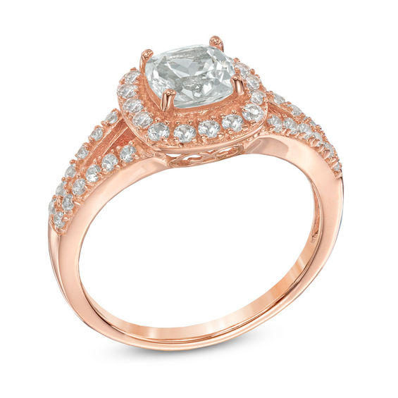 6.0mm Cushion-Cut Lab-Created White Sapphire Frame Ring in Sterling Silver with 14K Rose Gold Plate - Size 7