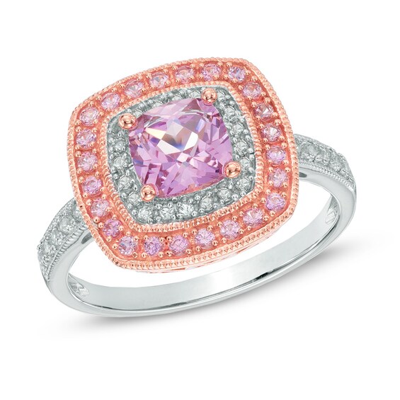 6.0mm Cushion-Cut Lab-Created Pink and White Sapphire Frame Ring in Sterling Silver with 14K Rose Gold Plate