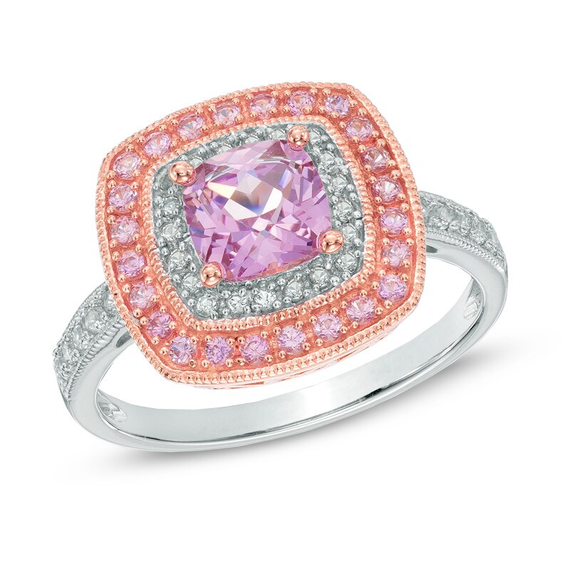 Main Image 1 of 6.0mm Cushion-Cut Lab-Created Pink and White Sapphire Frame Ring in Sterling Silver with 14K Rose Gold Plate