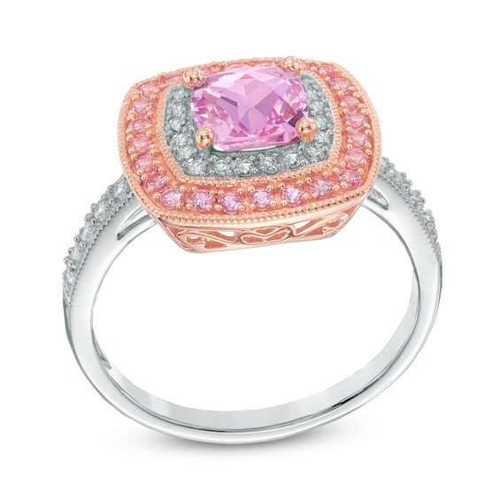 6.0mm Cushion-Cut Lab-Created Pink and White Sapphire Frame Ring in Sterling Silver with 14K Rose Gold Plate