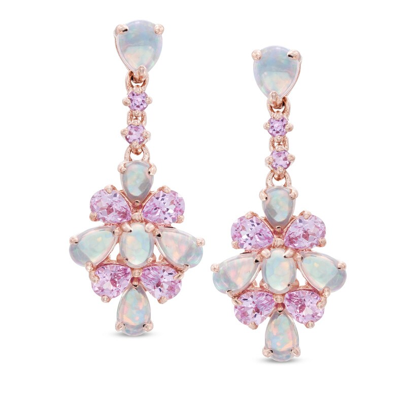 Main Image 1 of Pear-Shaped Lab-Created Pink Opal and Pink Sapphire Drop Earrings in Sterling Silver with 14K Rose Gold Plate