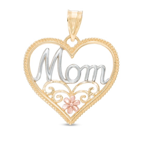 Diamond-Cut Mom Flower Swirl Heart Necklace Charm in 14K Gold with White and Rose Rhodium