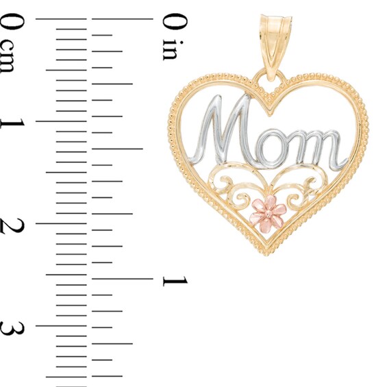 Diamond-Cut Mom Flower Swirl Heart Necklace Charm in 14K Gold with White and Rose Rhodium