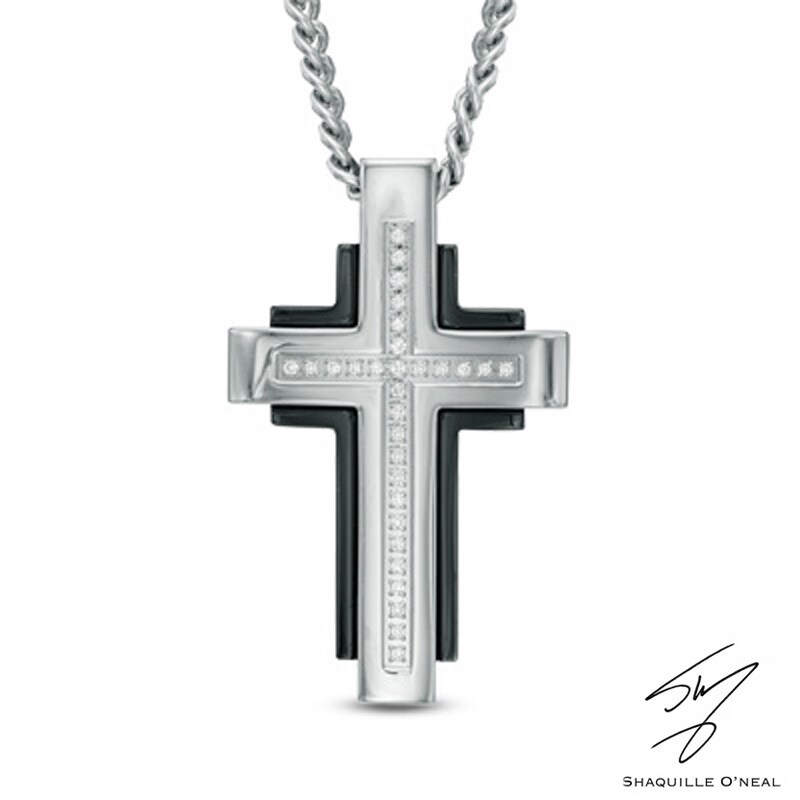 Main Image 1 of Men's Diamond Accent Cross Pendant in Two-Tone Stainless Steel - 24"
