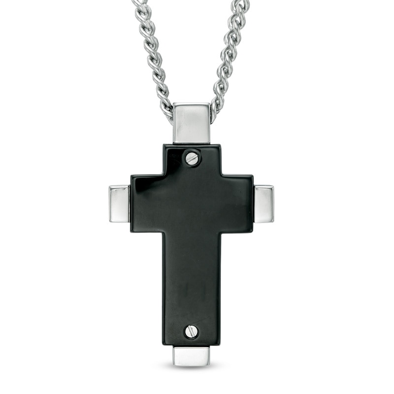 Men's Diamond Accent Cross Pendant in Two-Tone Stainless Steel - 24"