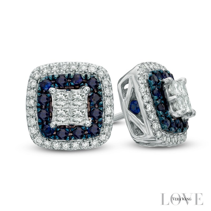 Main Image 1 of Vera Wang Love Collection 3/8 CT. T.W. Princess-Cut Quad Diamond and Blue Sapphire Earrings in 14K White Gold