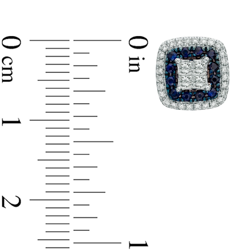 Main Image 3 of Vera Wang Love Collection 3/8 CT. T.W. Princess-Cut Quad Diamond and Blue Sapphire Earrings in 14K White Gold