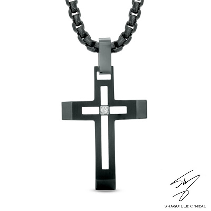 Men's Diamond Accent Cross Pendant in Black IP Stainless Steel - 24"