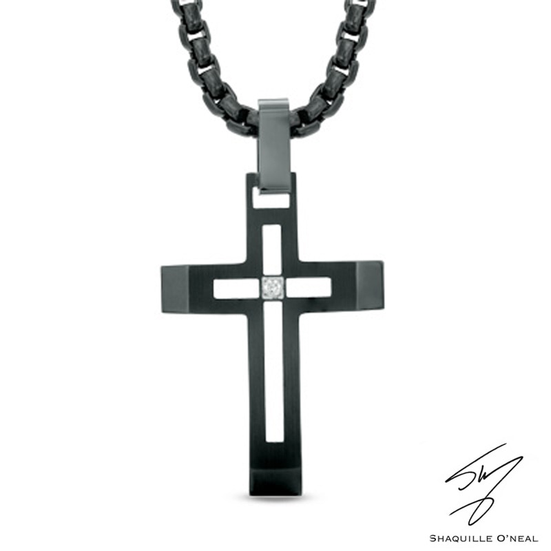 Main Image 1 of Men's Diamond Accent Cross Pendant in Black IP Stainless Steel - 24"