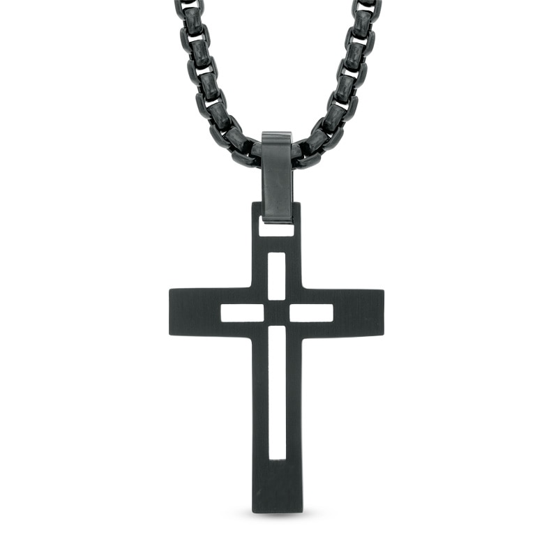 Main Image 2 of Men's Diamond Accent Cross Pendant in Black IP Stainless Steel - 24"