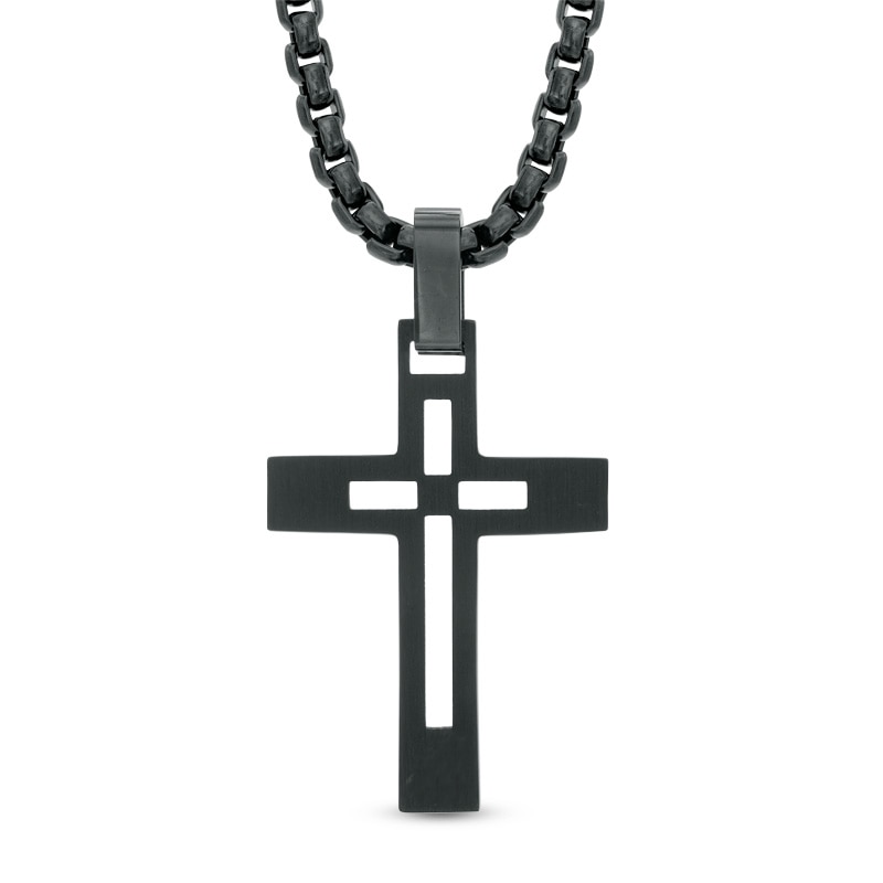 Men's Diamond Accent Cross Pendant in Black IP Stainless Steel - 24"