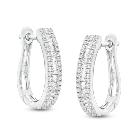 1/2 CT. T.w. Baguette and Round Diamond Hoop Earrings in 10K White Gold