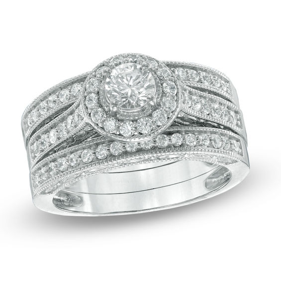 1 CT. T.w. Diamond Frame Three Piece Bridal Set in 14K White Gold