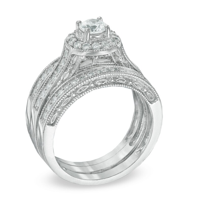 1 CT. T.W. Diamond Frame Three Piece Bridal Set in 14K White Gold
