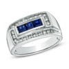 Thumbnail Image 0 of Men's Square-Cut Lab-Created Blue Sapphire and 1/4 CT. T.W. Diamond Ring in 10K White Gold