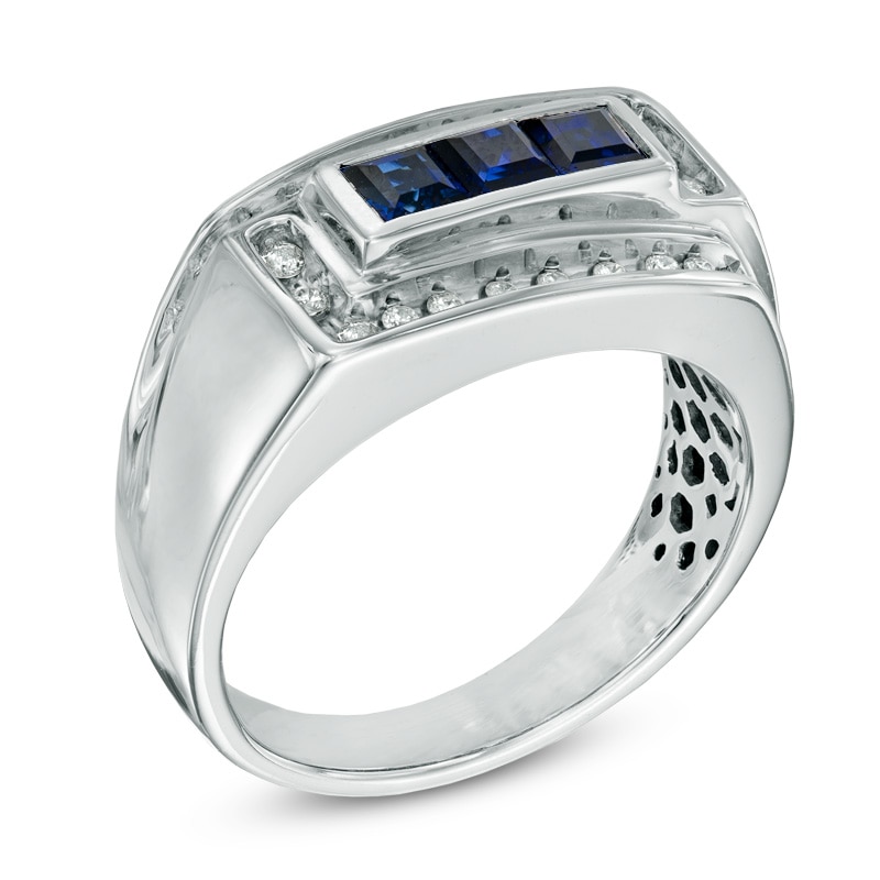 Men's Square-Cut Lab-Created Blue Sapphire and 1/4 CT. T.W. Diamond Ring in 10K White Gold