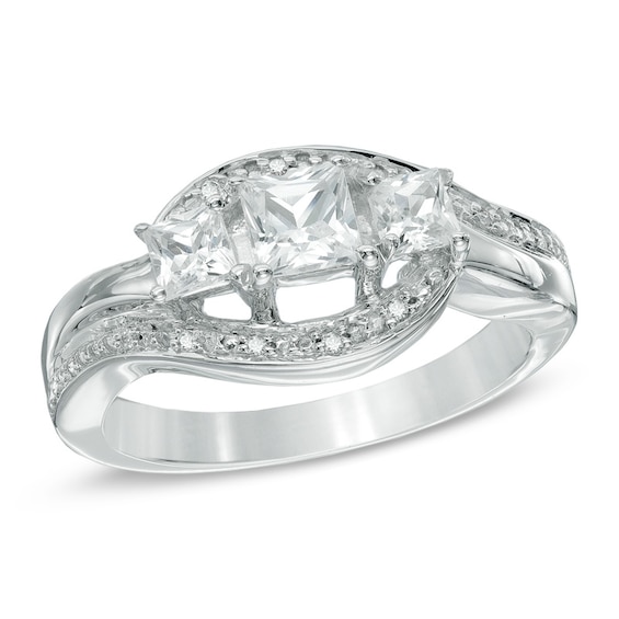 Princess-Cut Lab-Created White Sapphire and Diamond Accent Three Stone Swirl Promise Ring in Sterling Silver