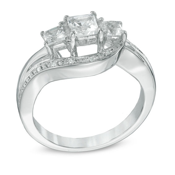 Princess-Cut Lab-Created White Sapphire and Diamond Accent Three Stone Swirl Promise Ring in Sterling Silver