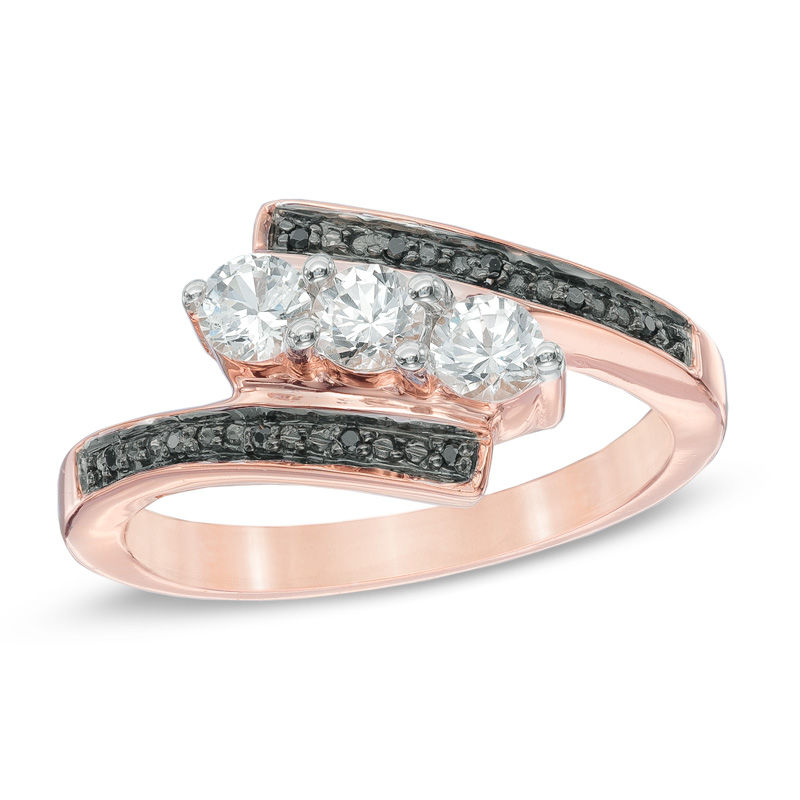 Lab-Created White Sapphire and Black Diamond Accent Three Stone Bypass Promise Ring in 10K Rose Gold