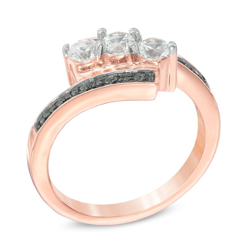 Lab-Created White Sapphire and Black Diamond Accent Three Stone Bypass Promise Ring in 10K Rose Gold