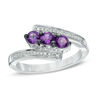 Thumbnail Image 0 of Amethyst and Diamond Accent Three Stone Bypass Ring in Sterling Silver