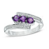 Thumbnail Image 1 of Amethyst and Diamond Accent Three Stone Bypass Ring in Sterling Silver