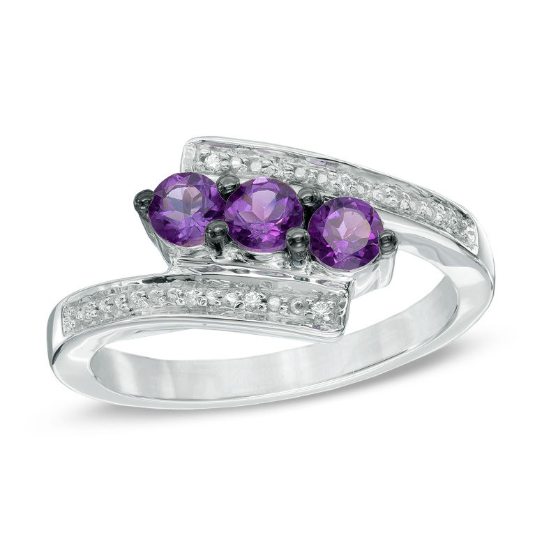 Main Image 1 of Amethyst and Diamond Accent Three Stone Bypass Ring in Sterling Silver