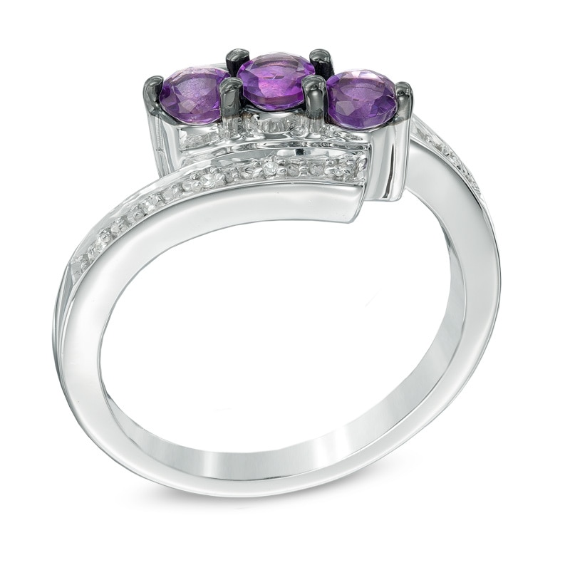 Amethyst and Diamond Accent Three Stone Bypass Ring in Sterling Silver