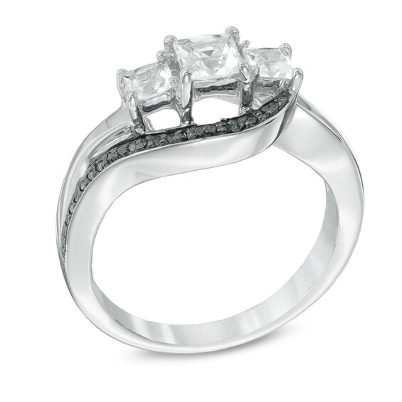 Princess-Cut Lab-Created White Sapphire and Black Diamond Accent Three Stone Promise Ring in Sterling Silver