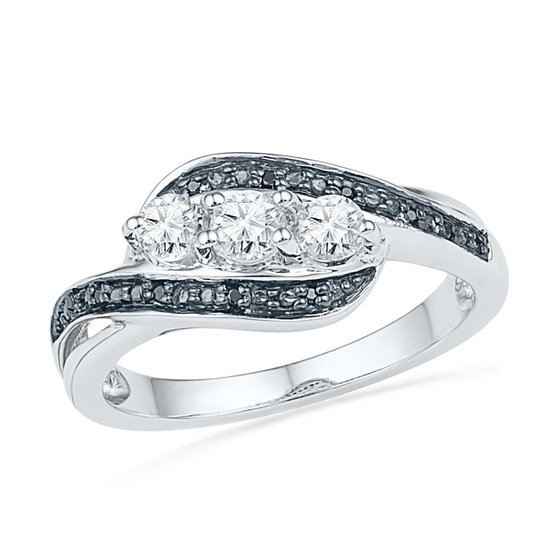 Lab-Created White Sapphire and Black Diamond Accent Three Ribbon Stone Promise Ring in Sterling Silver