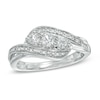 Thumbnail Image 0 of Lab-Created White Sapphire and Diamond Accent Three Stone Ribbon Promise Ring in Sterling Silver