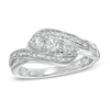 Thumbnail Image 1 of Lab-Created White Sapphire and Diamond Accent Three Stone Ribbon Promise Ring in Sterling Silver