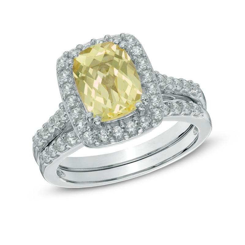 Cushion-Cut Lab-Created Yellow and White Sapphire Frame Ring in Sterling Silver