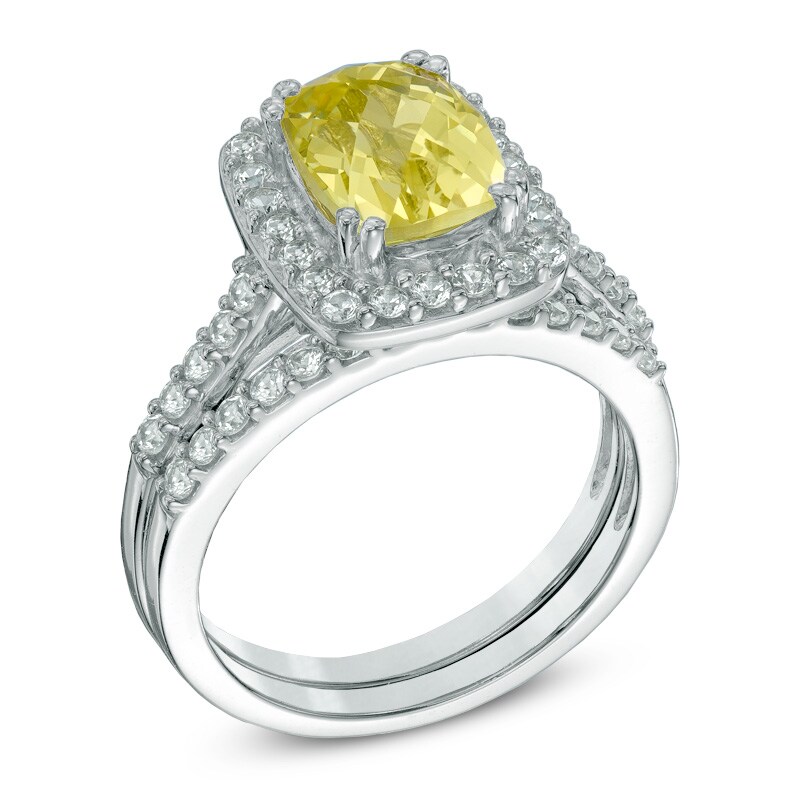 Main Image 2 of Cushion-Cut Lab-Created Yellow and White Sapphire Frame Ring in Sterling Silver