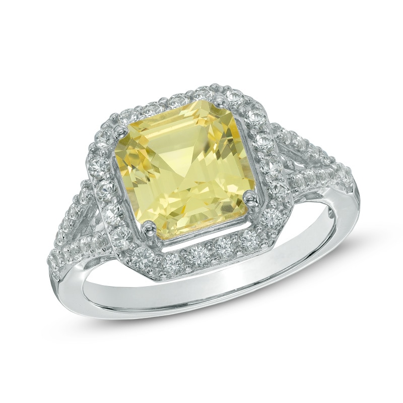 8.0mm Asscher-Cut Lab-Created Yellow and White Sapphire Frame Ring in Sterling Silver