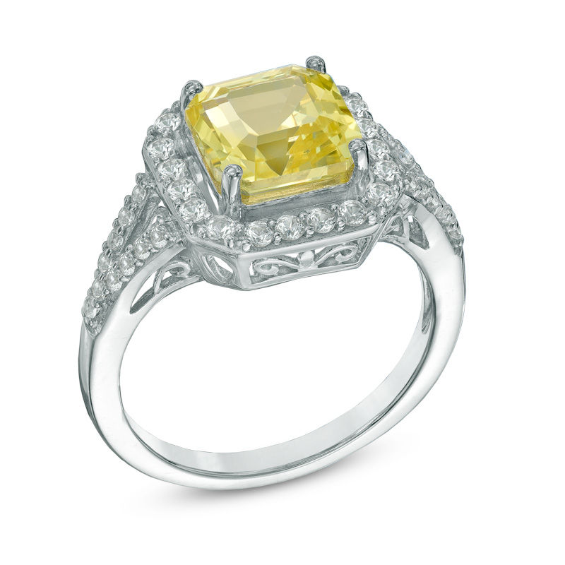 8.0mm Asscher-Cut Lab-Created Yellow and White Sapphire Frame Ring in Sterling Silver