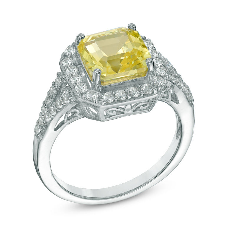 Main Image 2 of 8.0mm Asscher-Cut Lab-Created Yellow and White Sapphire Frame Ring in Sterling Silver