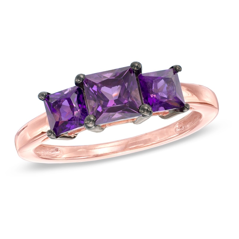 Main Image 1 of Princess-Cut Amethyst Three Stone Ring in 10K Rose Gold