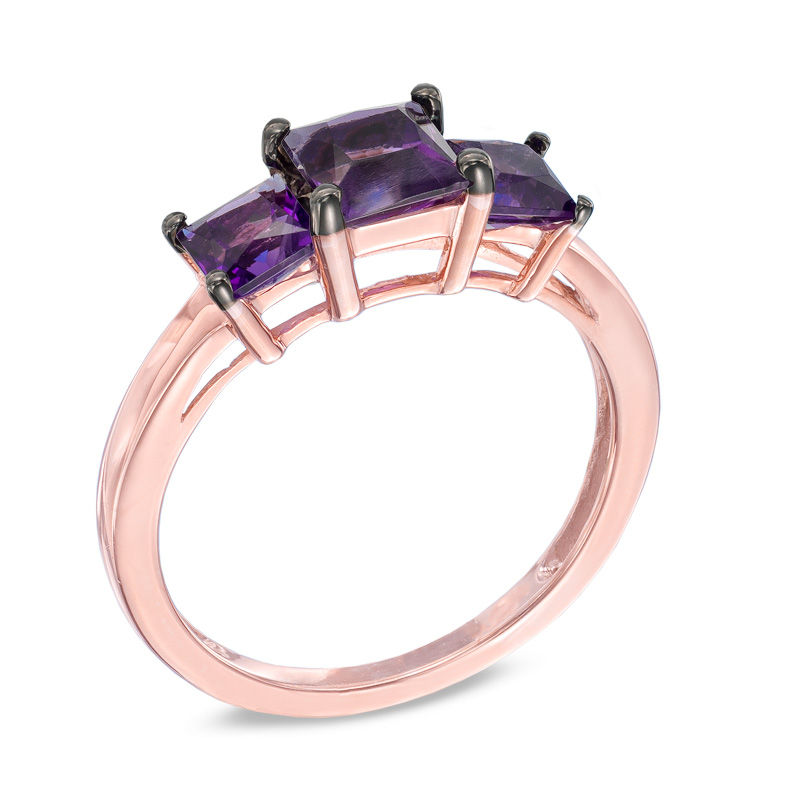 Main Image 2 of Princess-Cut Amethyst Three Stone Ring in 10K Rose Gold