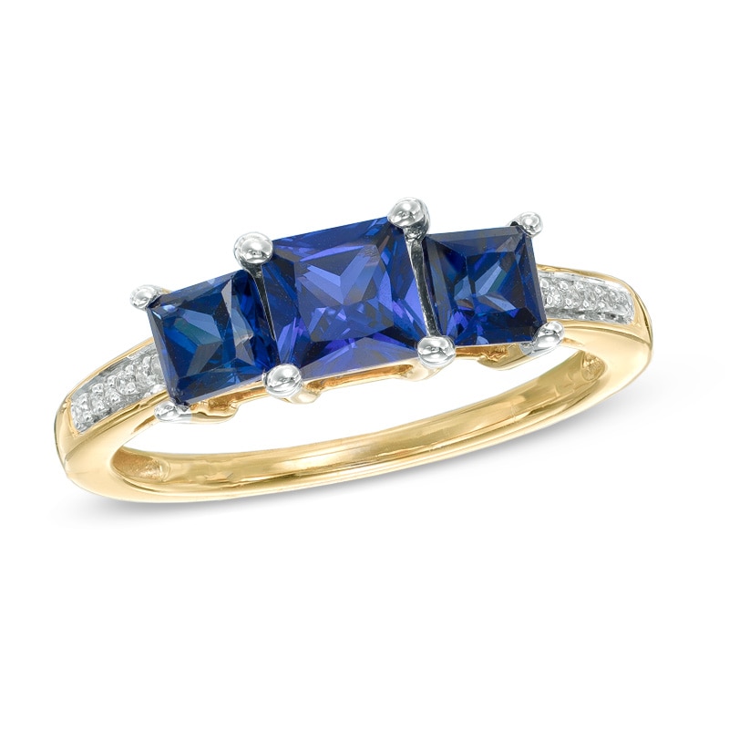 Main Image 1 of Princess-Cut Lab-Created Blue Sapphire and Diamond Accent Three Stone Ring in 10K Gold