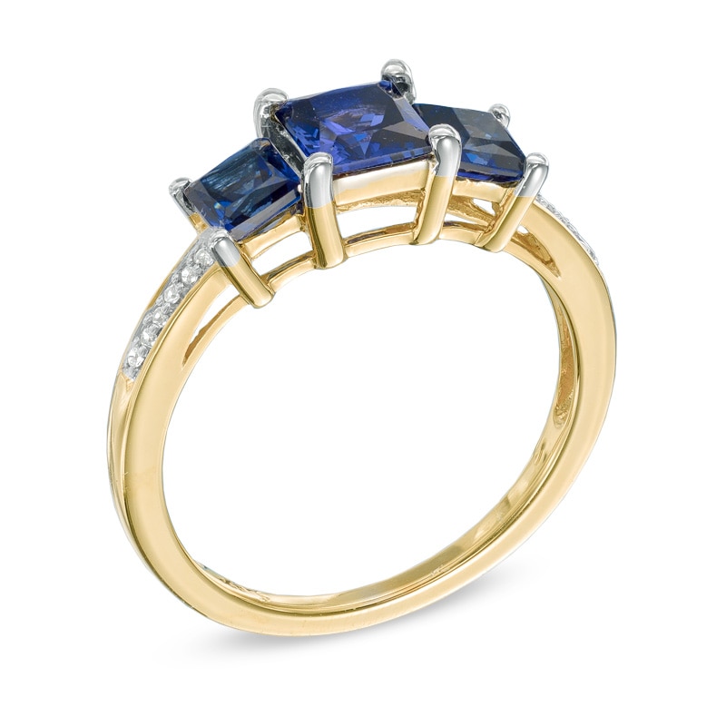 Main Image 2 of Princess-Cut Lab-Created Blue Sapphire and Diamond Accent Three Stone Ring in 10K Gold