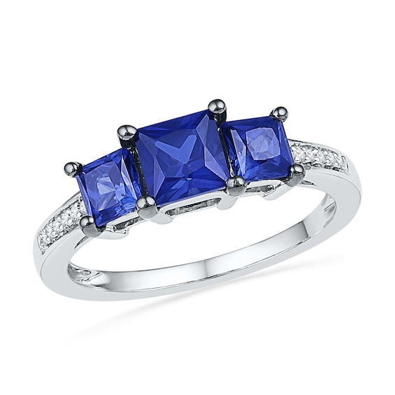 Princess-Cut Lab-Created Blue Sapphire and Diamond Accent Three Stone Ring in 10K White Gold