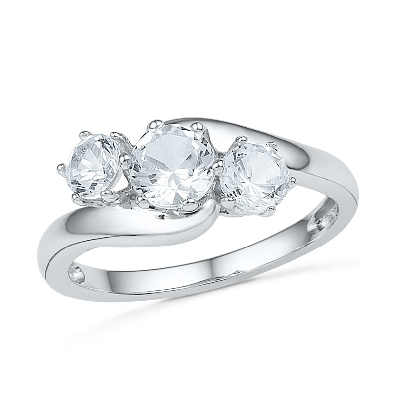 Lab-Created White Sapphire Three Stone Engagement Ring in 10K White Gold