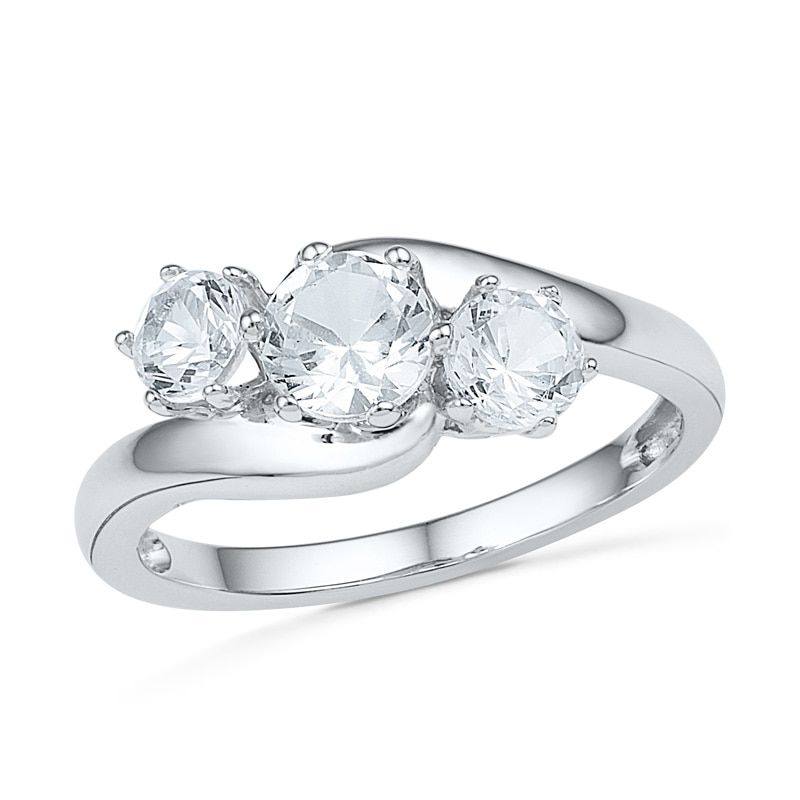 Main Image 1 of Lab-Created White Sapphire Three Stone Engagement Ring in 10K White Gold