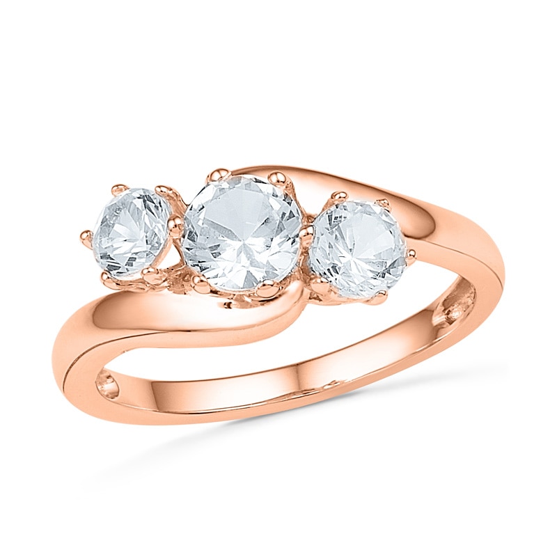 Lab-Created White Sapphire Three Stone Engagement Ring in 10K Rose Gold