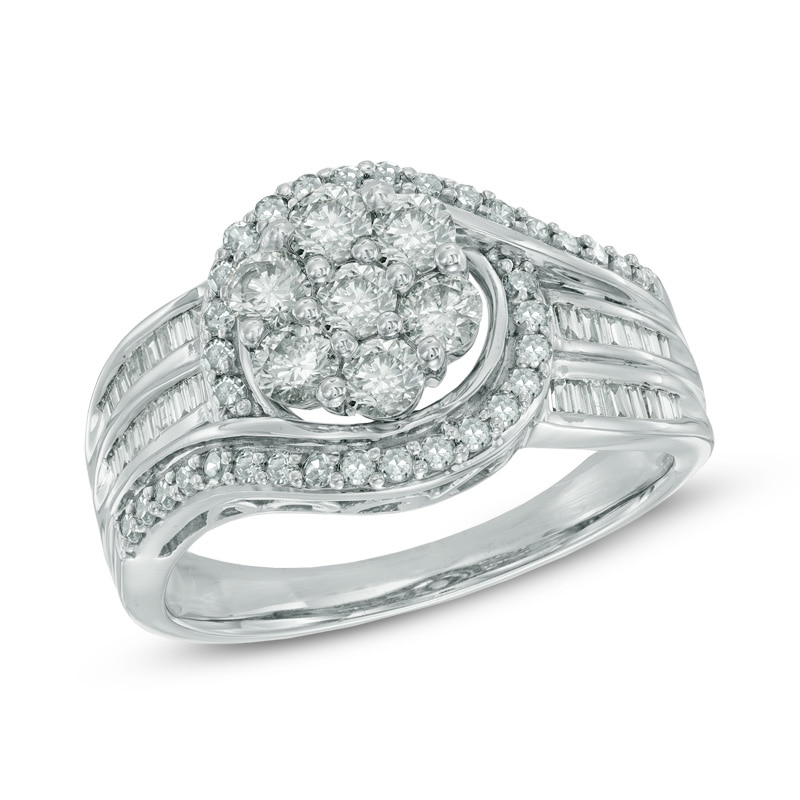 1 CT. T.W. Diamond Cluster Swirl Ring in 10K White Gold