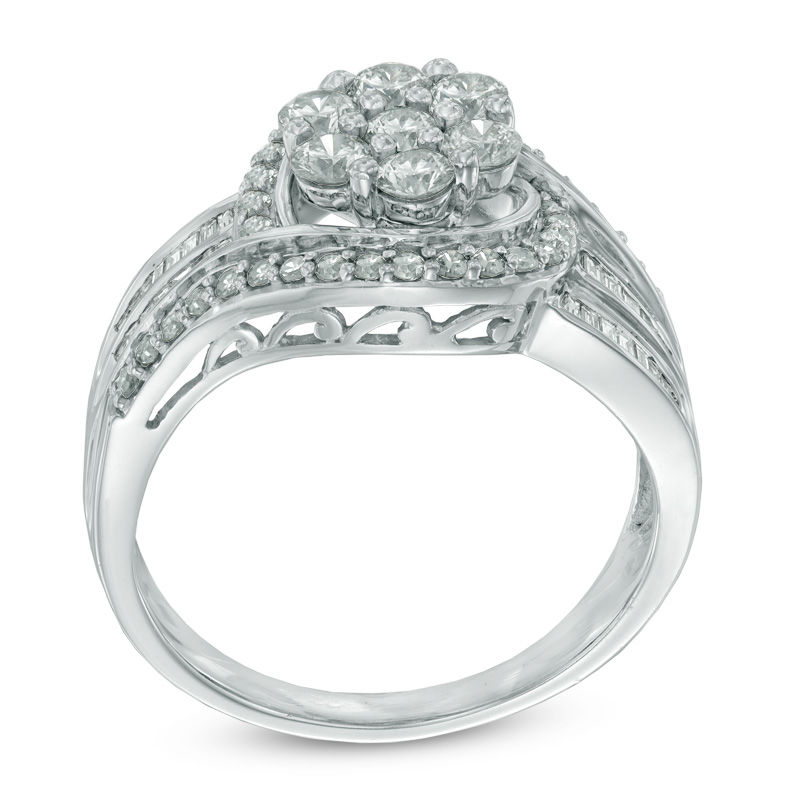 1 CT. T.W. Diamond Cluster Swirl Ring in 10K White Gold